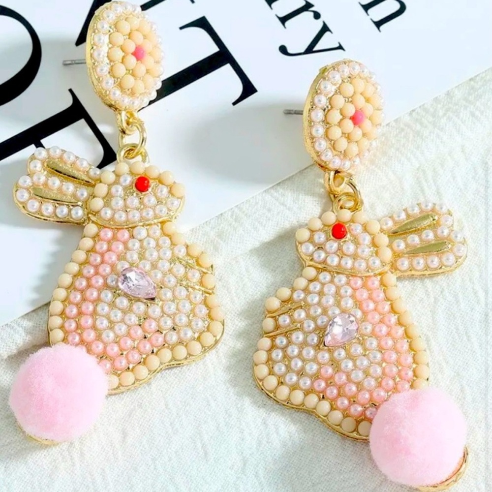 Bunny Rabbit Cream & Pink Faux Pearl & Faux Fur, Stud Dangle Earrings Easter - Picture 5 of 5